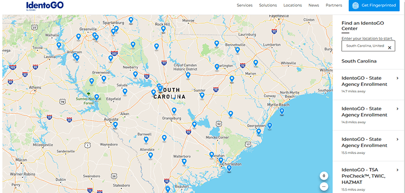 Screengrab of IdentoGo locations within the South Carolina state.